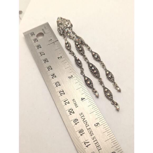 Long Duster Earings 5"Aurora Borealis Crystal Marquesite Post Earrings Vintage - Picture 5 of 9